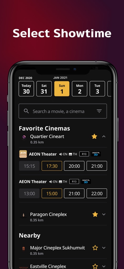 Major Cineplex - Easily navigate available showtimes using the interactive date selection calendar and quickly access preferred options from the "Favorite Cinemas" list.