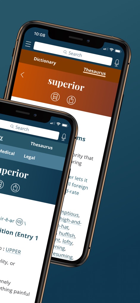 Merriam-Webster Dictionary - この画面では、「superior」に対する統合されたシソーラス機能が示され、関連する類語のリストが確認できます。上部にはマイクアイコンが付いた検索バーがあり、音声検索機能を提供していることがわかります。