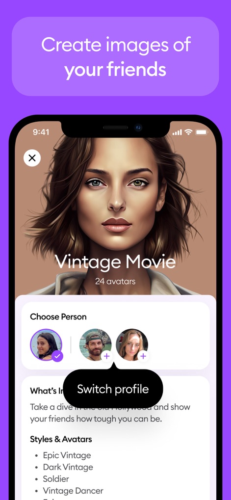Dawn AI - Avatar generator - The app enables personalized creation by allowing users to 'Choose Person' for an avatar, then apply distinct styles such as the 'Vintage Movie' aesthetic to their friends' photos.