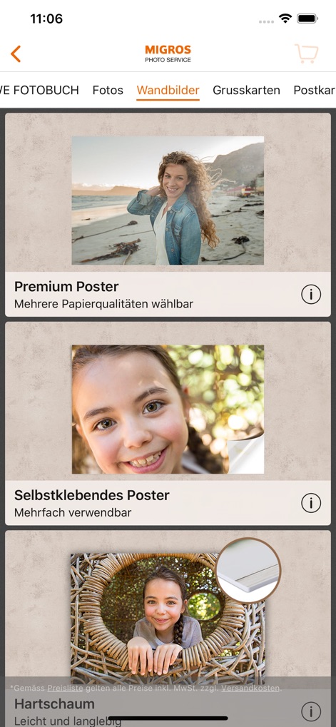 Migros Photo Service - Discover the extensive wall decor selection, offering premium poster finishes and durable 'Hartschaum' options for personalized art.