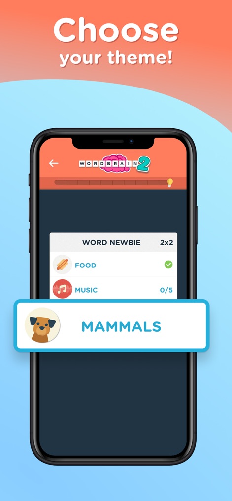 WordBrain 2: Fun word search! - Explore the app's diverse theme selection interface, showcasing categories like 'Food' and 'Mammals', and track progress within each theme to unlock new challenges.