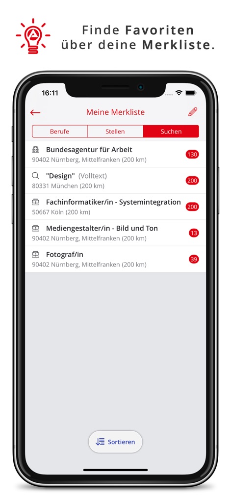 AzubiWelt - The app features an organized watchlist where users can save professions and track new opportunities with numerical indicators.