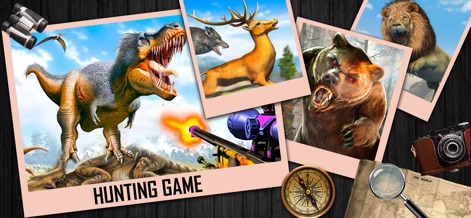 The Hunter - Hunting Games 3D - This image displays a thrilling variety of predators and prey, from the formidable T-Rex to the majestic lion, complemented by essential hunting gear like the compass.
