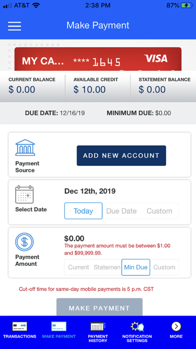 La Capitol FCU Card Manager Screenshot