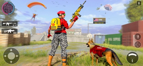 Cover Fire 3D: Gun Games 2026 - Los jugadores pueden observar un personaje principal equipado con un rifle personalizado y un fiel compañero canino, lo que sugiere opciones de personalización y apoyo táctico en el campo de batalla.