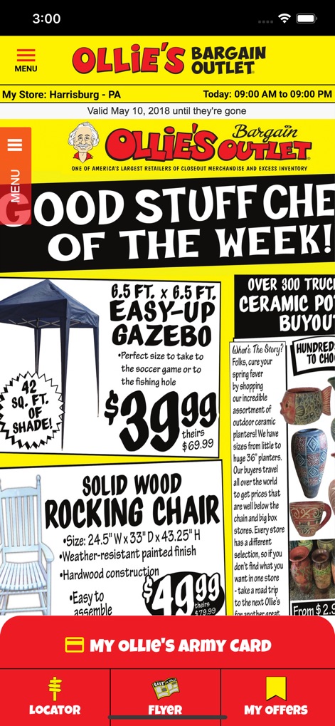 Ollie's Bargain Outlet, Inc - Users can browse digital flyers, revealing detailed product descriptions for items like the Easy-Up Gazebo and the comprehensive 'Good Stuff Cheap of the Week' section.