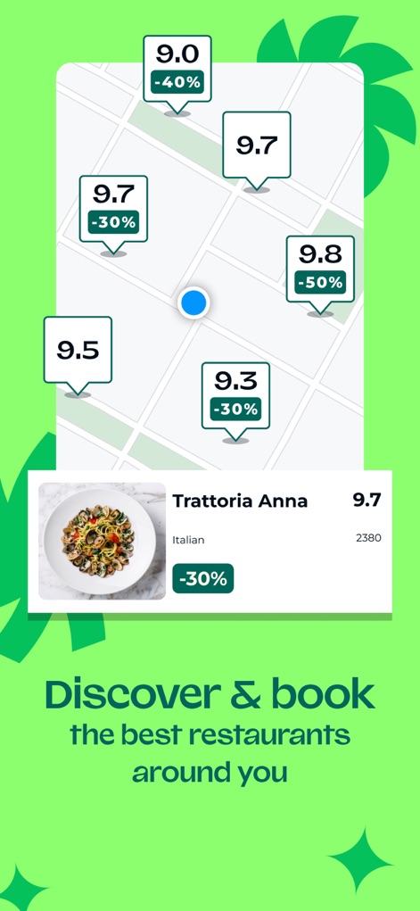TheFork - Restaurant bookings - This tool helps users discover nearby dining options on an interactive map, clearly displaying restaurant ratings and attractive percentage discounts at each location.