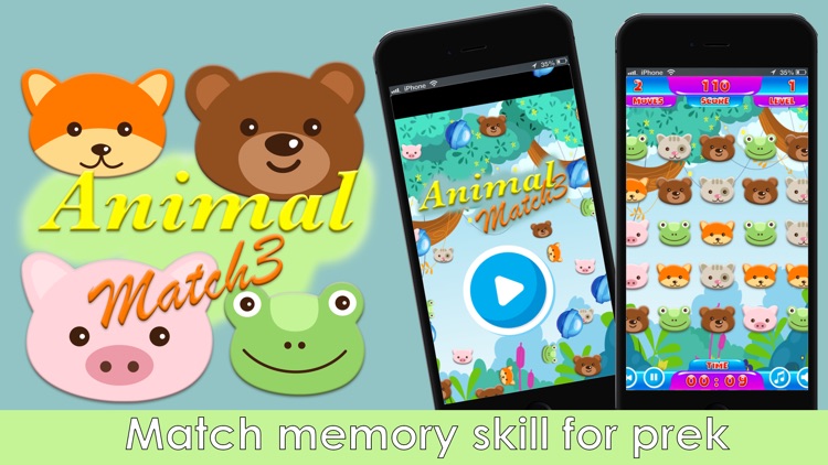 animal face match match 3 - preschool and kindergarten learning games