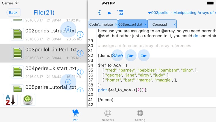 perli$ - run code, autocomplete, outline, color code