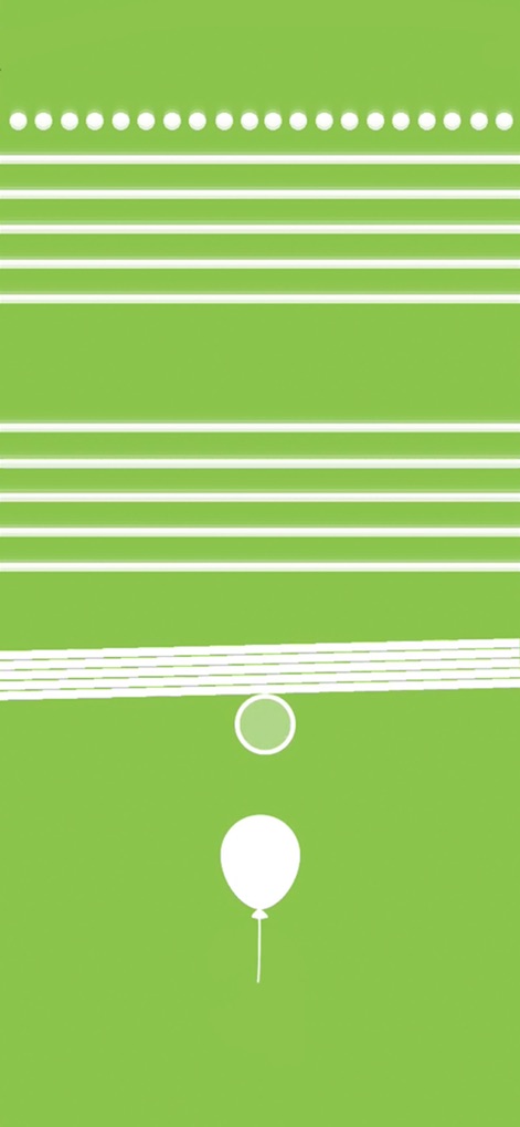 Rise Up! Protect the Balloon - Explore a vibrant green level where the white balloon navigates through varying patterns of white horizontal lines, testing precision and agility.
