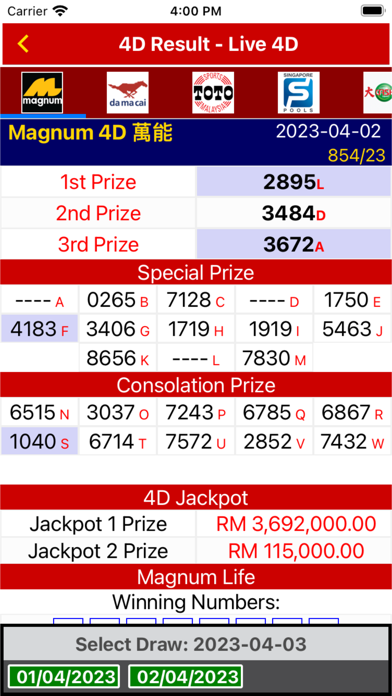 4D Results Toto 4D History Screenshot