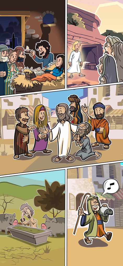 SunScool - Bible for Kids - Découvrez une série d'illustrations narratives vibrantes qui donnent vie aux récits bibliques, présentant des séquences d'histoires allant de la Nativité à des paraboles célèbres.