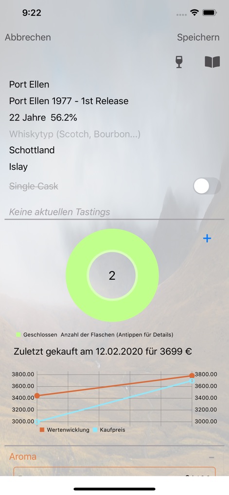 The Stillman - Die Whisky App - Hier können Nutzer detaillierte Flascheninformationen einsehen, die Anzahl der Whiskys verfolgen und die Wertentwicklung ihrer Sammlung grafisch analysieren.