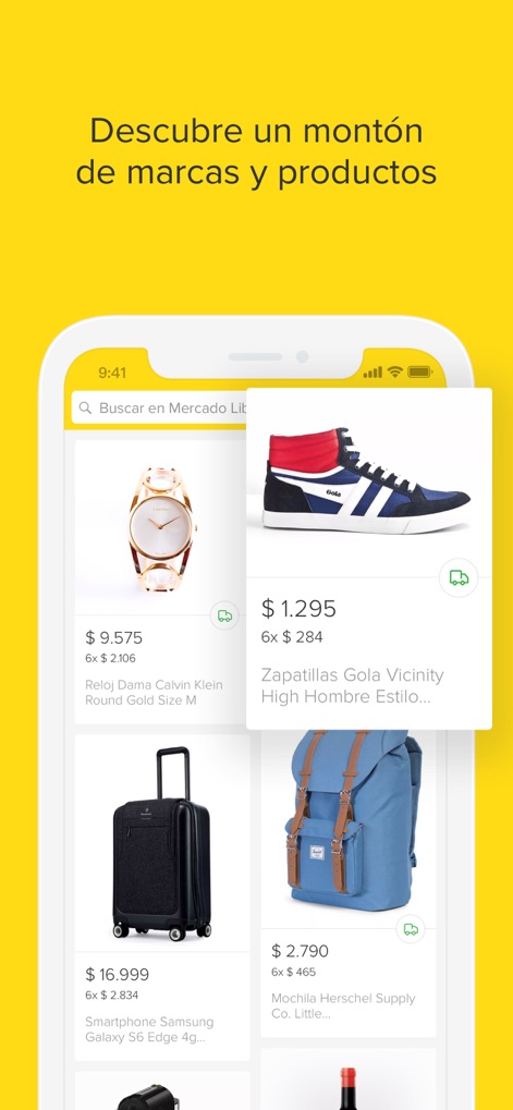 Mercado Libre: Compras Online - Discover a vast marketplace where product listings feature clear images and users can utilize the search bar to easily find desired items.