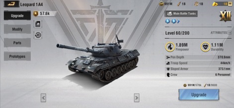Warpath: Ace Shooter - Dieses UI-Bild detailiert die umfangreichen Anpassungsoptionen für den Panzer 'Leopard 1A4', einschließlich spezifischer Attributverbesserungen und der Auswahl verschiedener Teile.
