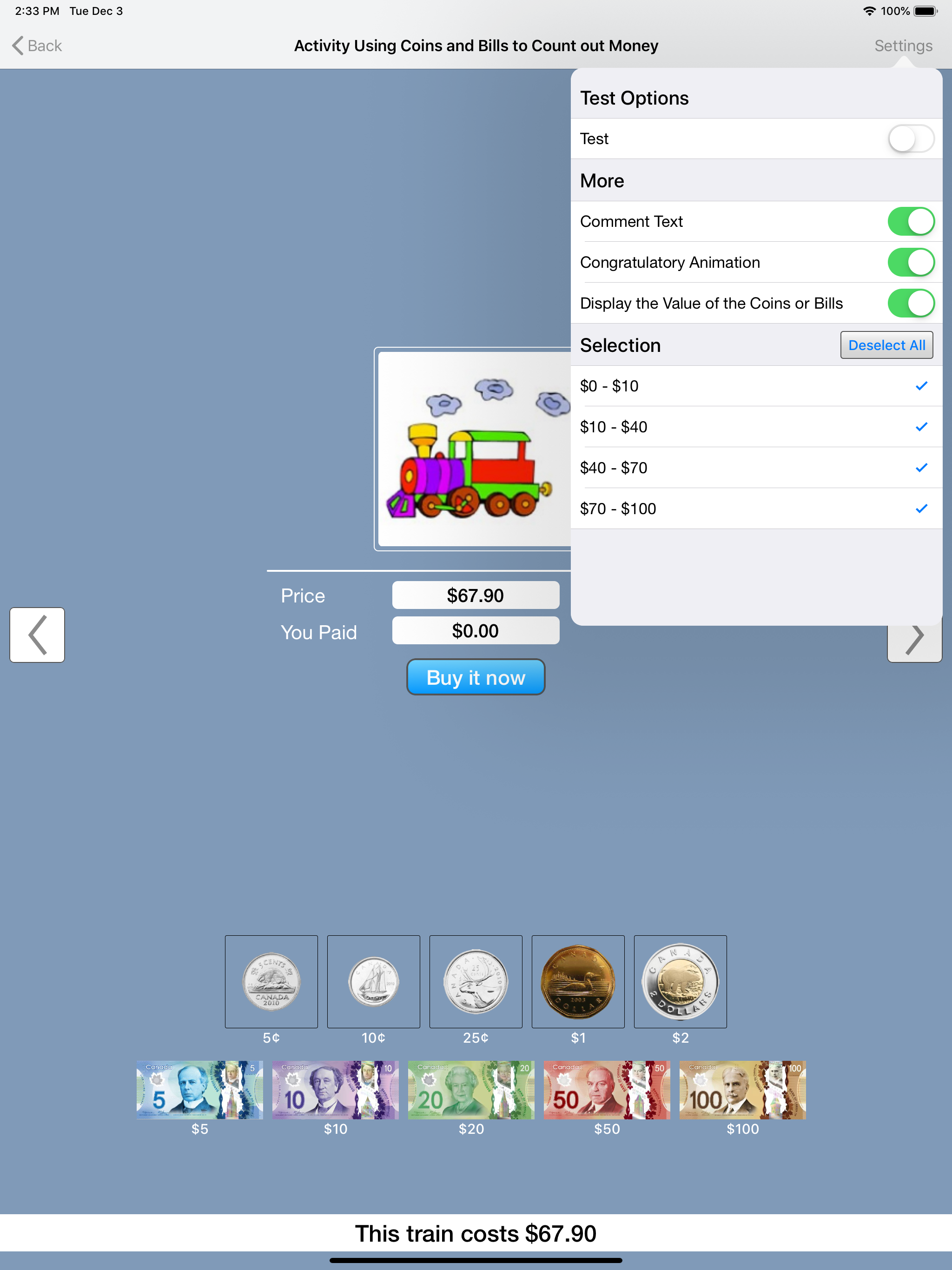 Activity Coins and Bills CAD