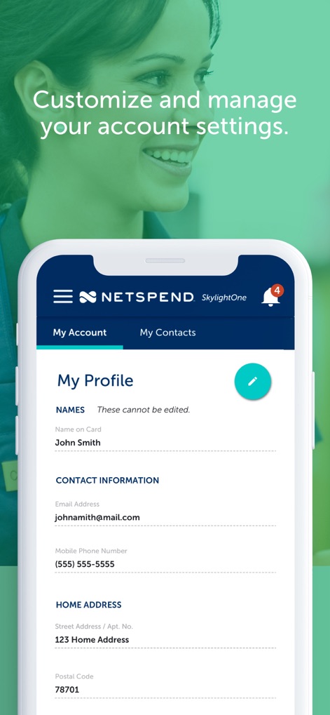 Netspend Skylight ONE - Users can access and manage their "CONTACT INFORMATION" and "HOME ADDRESS" within the app's profile section, ensuring personal details are up-to-date.