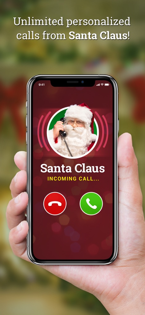 Call Santa Claus! create video - L'interfaccia di chiamata mostra Babbo Natale come ID chiamante, promettendo un'esperienza interattiva con squilli personalizzati.