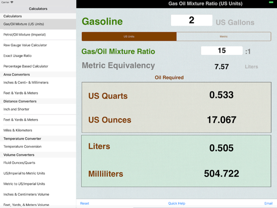 Gas Oil Mixture Ratio iPad screenshot 1 - Travel app
