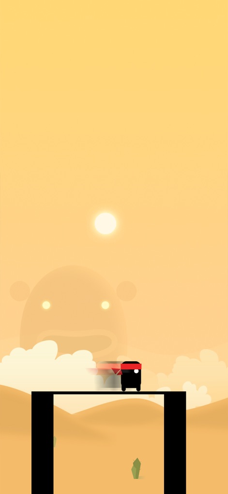 Stick Hero - This view emphasizes the precise stick deployment as the hero bridges a gap, set amidst a warm desert environment featuring a mysterious, giant creature silhouette in the distance.