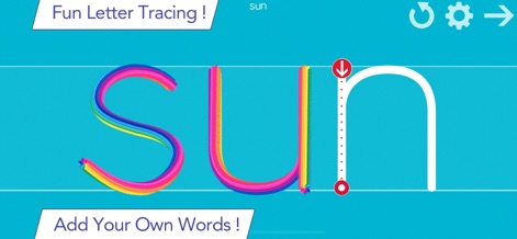 Writing Wizard: Learn to Write - Die App ermöglicht es Kindern, Wörter wie "sun" mit einer farbenfrohen Spur nachzuzeichnen, während die Option besteht, eigene, benutzerdefinierte Wörter hinzuzufügen.