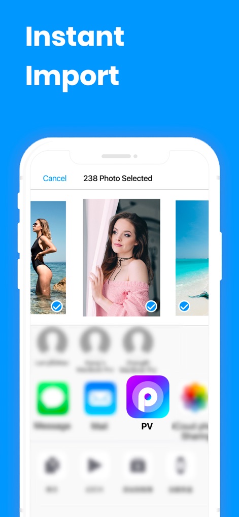 PV - Secret Photo Album - Users can quickly import selected photos into the app, integrating directly with the device's share sheet for convenience.