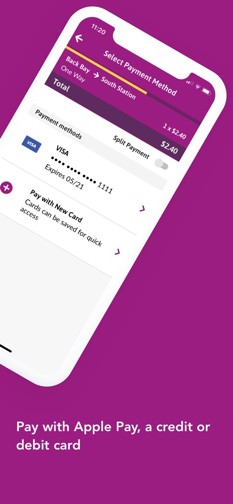 MBTA mTicket - Review the secure payment options available, including saved credit card details and the ability to add a new card, alongside the 'Split Payment' functionality for greater flexibility.