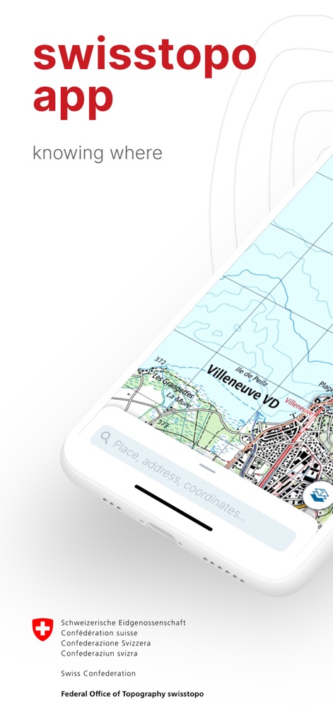 swisstopo - Discover the intuitive interface, showcasing the prominent search bar for geographical names and the clear map display.