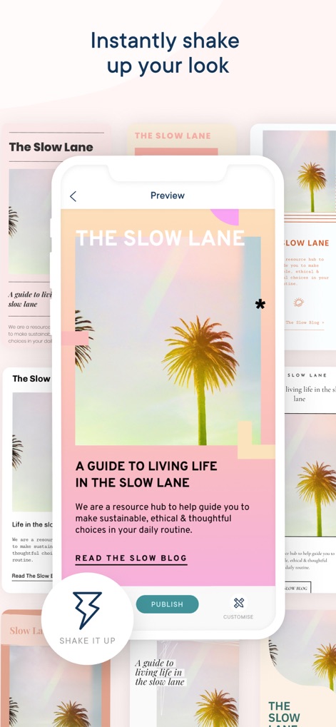 Milkshake — Website Builder - Observe how users can instantly refresh their website's aesthetic using the 'Shake it up' button, cycling through various professionally designed layouts and previewing their changes in real-time.