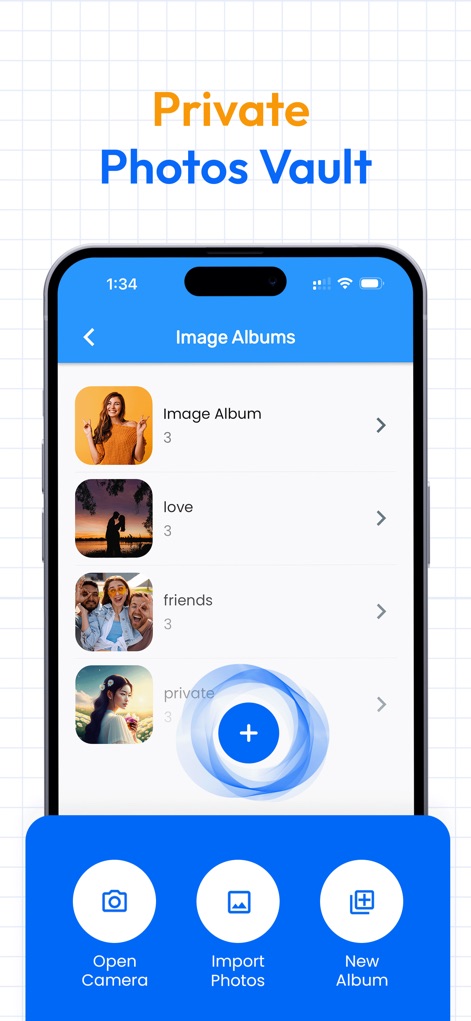 Calculator Lock - Secure Vault - This tool allows for structured content management, displaying various 'Image Albums' and offering convenient options to 'Import Photos' or create a 'New Album'.