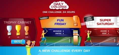 Stick Tennis - Users can explore the dynamic "DAILY CHALLENGE" mode, striving to fill their "Trophy Cabinet" and compete against iconic names like McEnroe and Agassi for daily rewards.