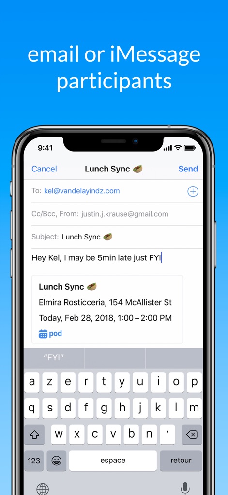 Calendar · - The app enables direct communication with event participants, allowing users to effortlessly 'email or iMessage' them with pre-filled event information.