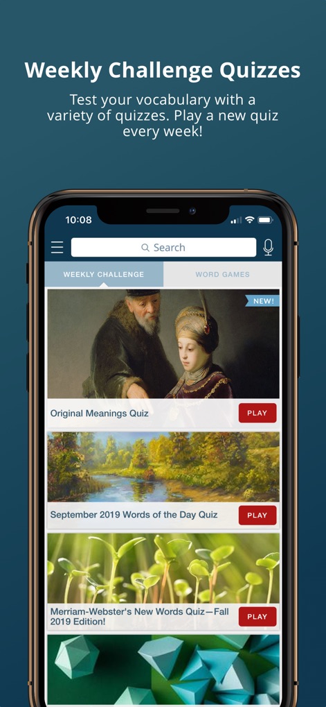 Merriam-Webster Dictionary - この画面では、「Weekly Challenge Quizzes」機能が紹介され、様々な語彙ゲームが提供されています。具体的には、「Original Meanings Quiz」や「Merriam-Webster's New Words Quiz」といった複数のクイズオプションが「Play」ボタンとともに表示されています。