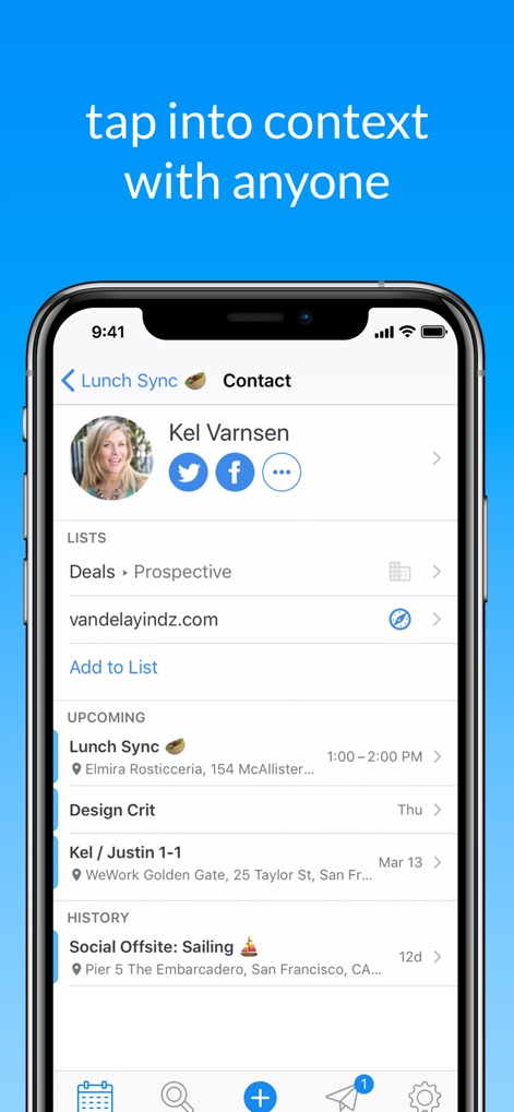 Calendar · - The app provides rich contextual information for contacts, displaying their associated lists and a chronological history of upcoming and past events.