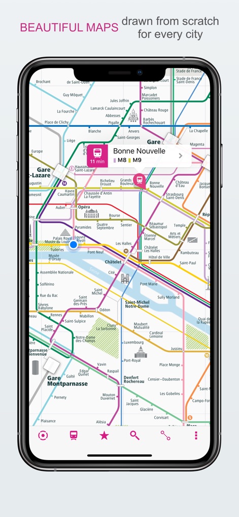City Rail Map - Travel Offline - 이 앱은 파리의 상세한 지하철 노선도를 통해 M8 및 M9 노선과 주변 역 정보를 명확하게 표시하며, 선택된 경로에 대한 11분 이동 시간을 보여줍니다.