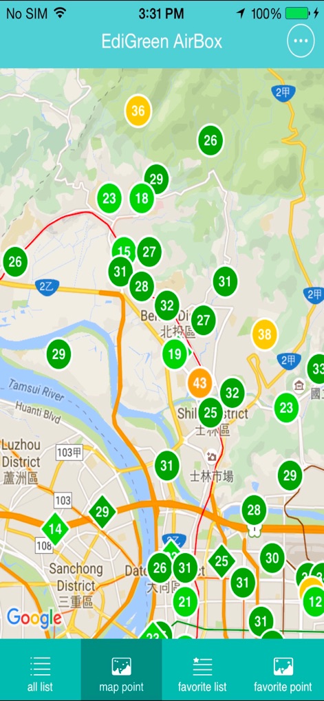 EdiGreen - The app visualizes real-time air quality data on an interactive map, showcasing numerous monitoring stations with clear, color-coded PM2.5 indicators.