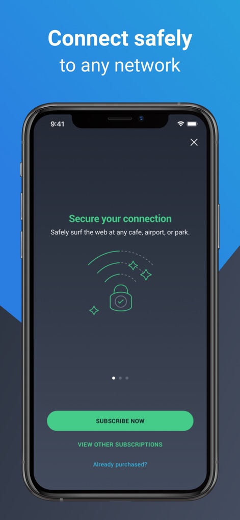 AVG Secure VPN & Proxy server - This tool ensures safe browsing on public networks, visually represented by a 'WiFi signal icon with a lock', encouraging users to 'Subscribe Now' for secured connections anywhere.