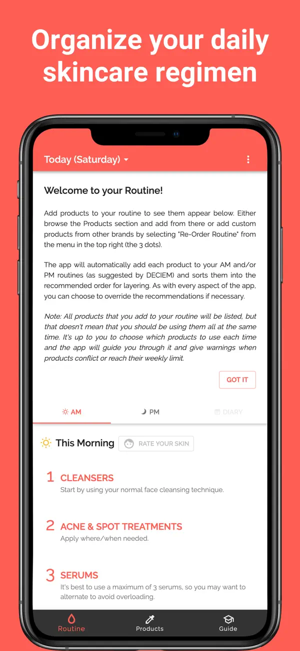 Skincare Routine app schedule and layering screen
