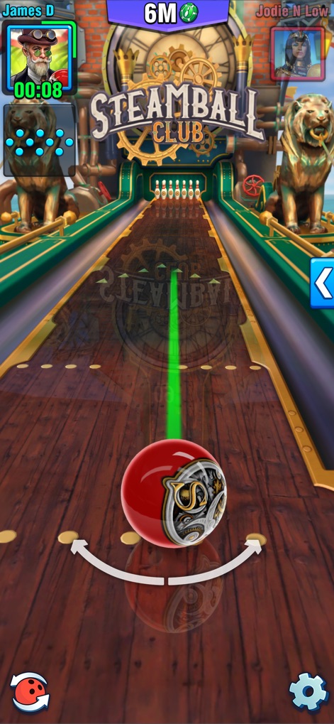 Bowling Crew — 3D Sport Game - La aplicación presenta una pista de bolos inmersiva con diseño steampunk, visible en los engranajes y estatuas de leones, y permite apreciar una bola de bolos personalizada con detalles intrincados.
