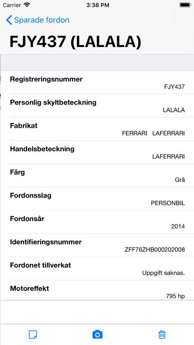 Fordonsdata app screenshot 2