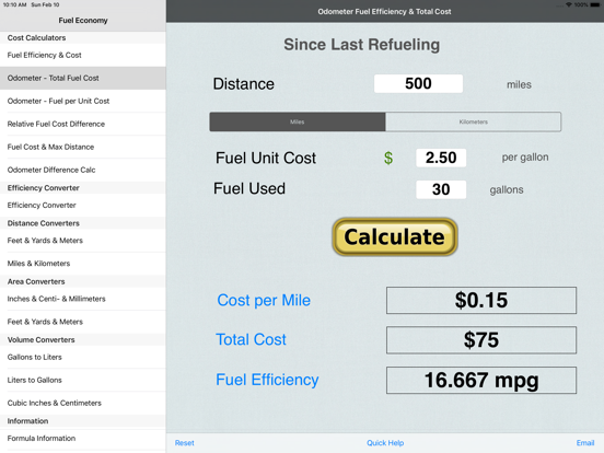 Fuel Calculator: MPG, L100k iPad screenshot 2 - Business app