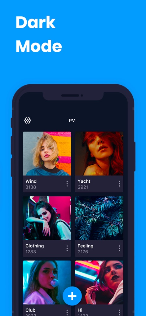 PV - Secret Photo Album - The app provides a sleek dark mode interface, optimizing viewing comfort while showcasing organized photo albums.
