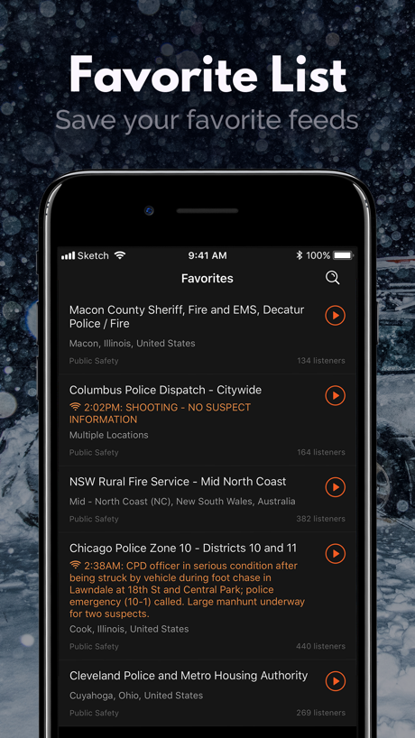 Police Scanner: Fire Radio App Store screenshot 6, headline “Favorite List”. Says “you” or “your”.