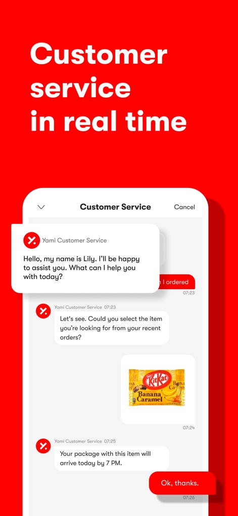 Yami: Shop All of Asia’s Best - Access real-time support through the integrated chat interface, allowing users to communicate directly with "Yami Customer Service" and reference orders.