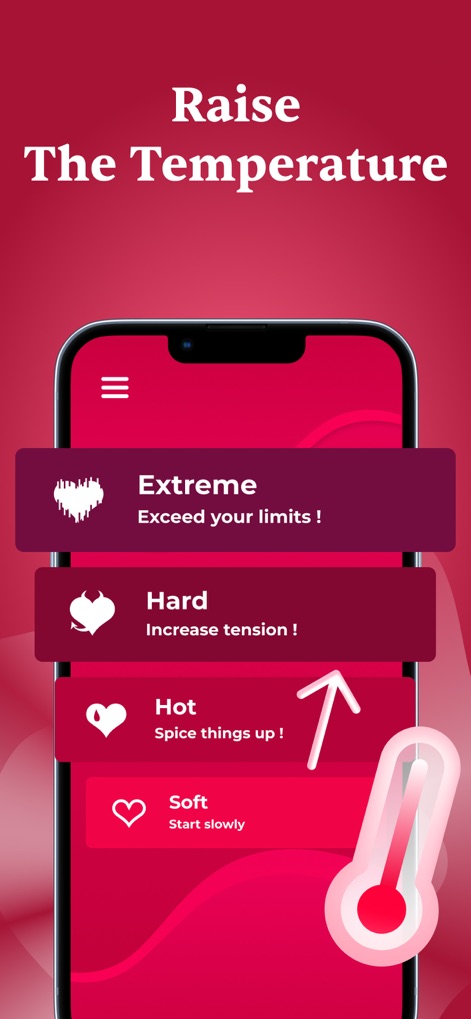 Games for Couples - Spicy - O aplicativo oferece "4 Níveis de Intensidade" distintos, visualmente representados por um termômetro que indica a progressão de "Soft" a "Extreme".