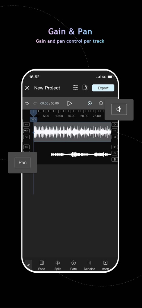 Audio Editor : Audiolab - The app provides granular control over each track with dedicated Gain and Pan adjustments, easily accessible within the multitrack editing interface.