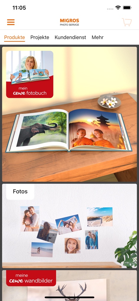 Migros Photo Service - Explore the app's intuitive home screen, showcasing the elegant CEWE Fotobuch and diverse product categories like 'Fotos' and 'Wandbilder'.