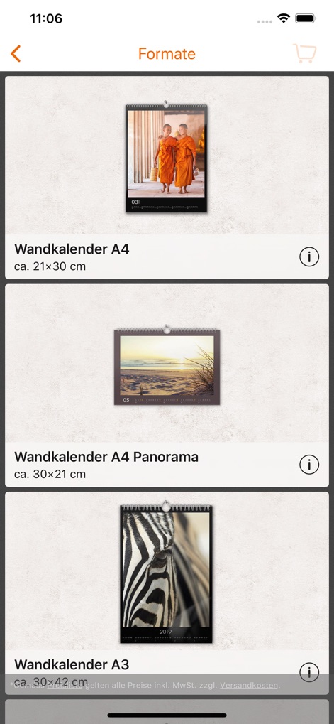 Migros Photo Service - Personalize photo calendars with diverse choices, including various sizes like the 'Wandkalender A4 Panorama' and different layout options.
