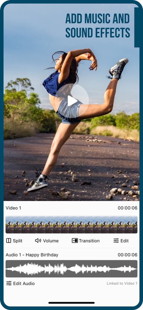 Add Music to Video :cut editor - Os usuários podem facilmente integrar música e efeitos sonoros, como mostra a faixa de áudio e as opções de edição, e ajustar o volume ou dividir o vídeo com facilidade.