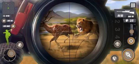 The Hunter - Hunting Games 3D - This view demonstrates the precise sniper scope aiming system and the dynamic interactions between a deer and a predatory lion.